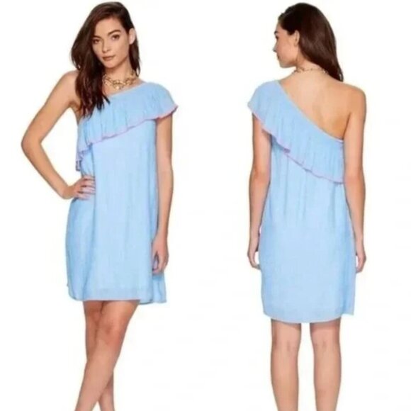 Lilly Pulitzer Emmaline One Shoulder Mini Dress XS Blue Pink Lined EUC - Picture 2 of 13